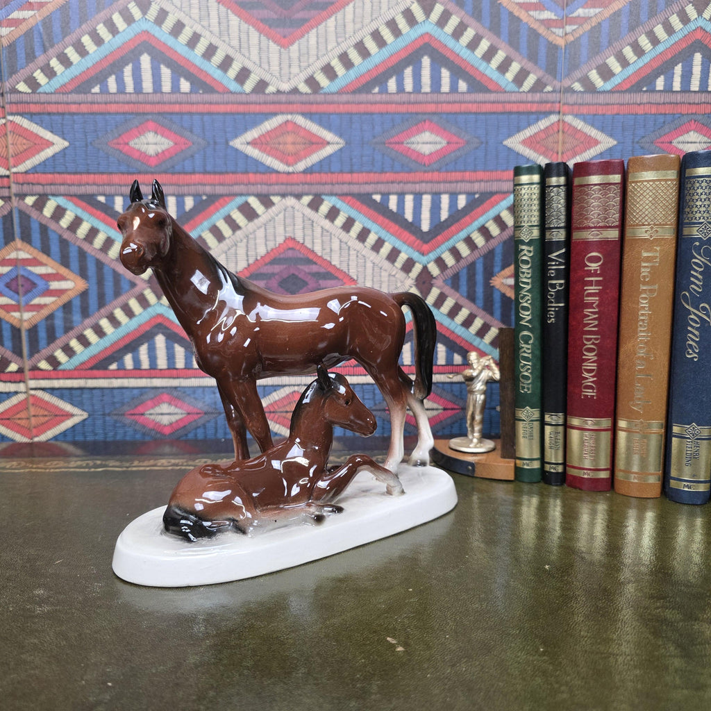 Vintage Porcelain Mare and Foal Figurine Brown Horse Family Sculpture Equestrian Decor Mid Century