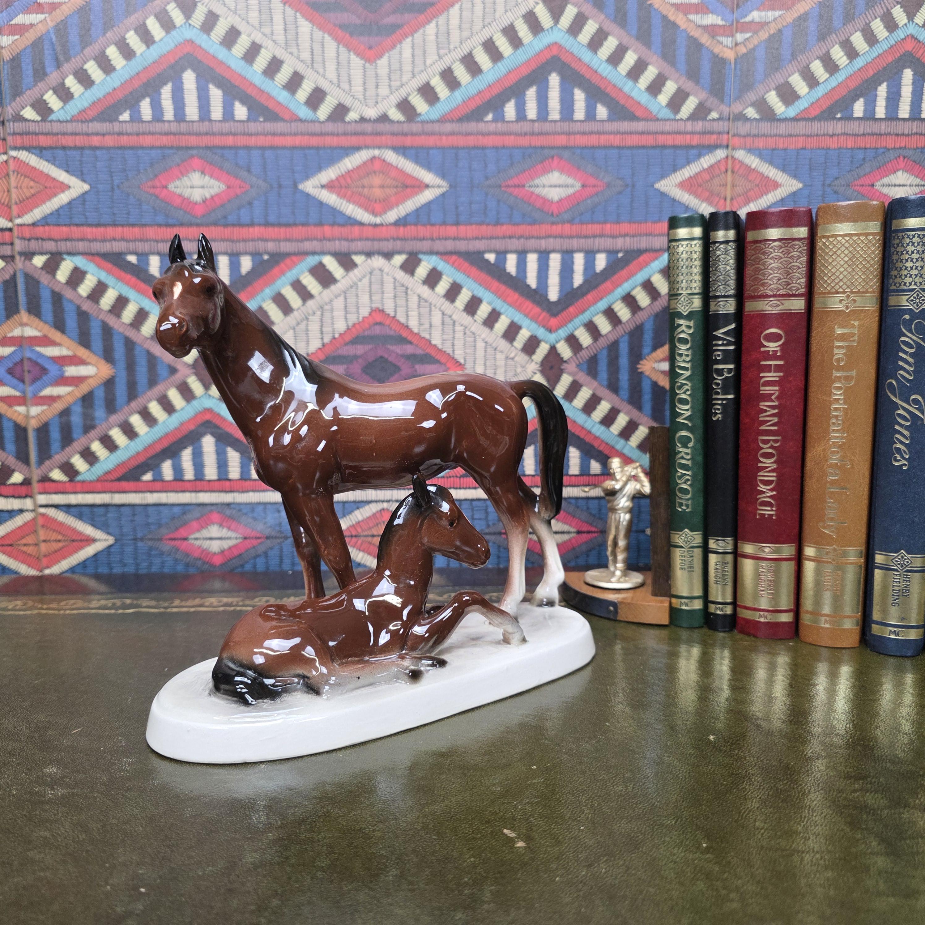 Vintage Porcelain Mare and Foal Figurine Brown Horse Family Sculpture Equestrian Decor Mid Century