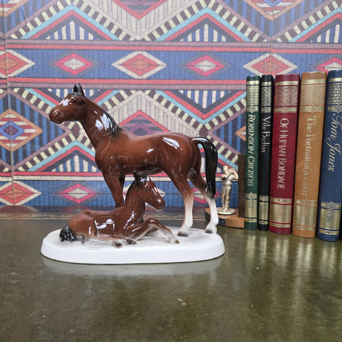 Vintage Porcelain Mare and Foal Figurine Brown Horse Family Sculpture Equestrian Decor Mid Century