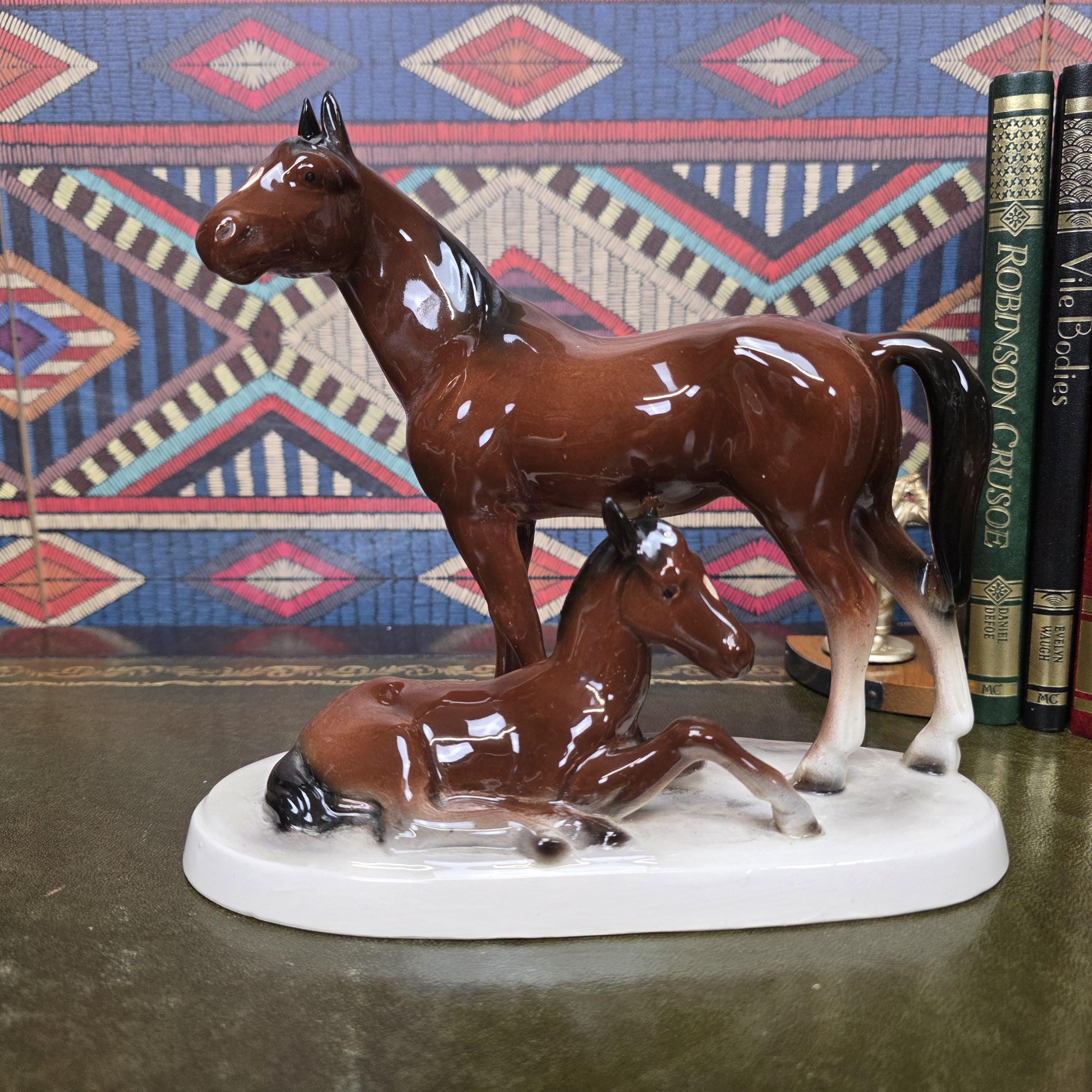 Vintage Porcelain Mare and Foal Figurine Brown Horse Family Sculpture Equestrian Decor Mid Century