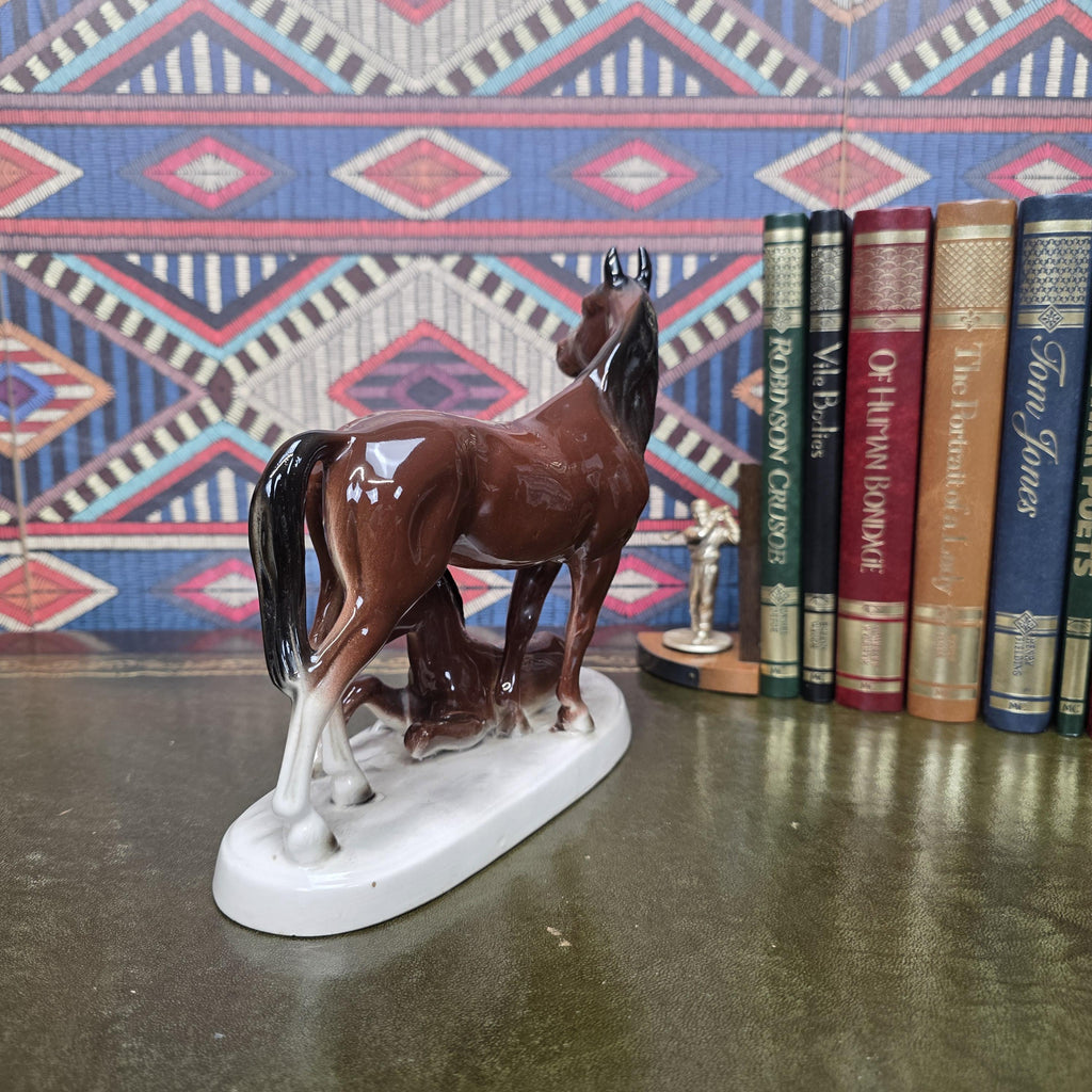 Vintage Porcelain Mare and Foal Figurine Brown Horse Family Sculpture Equestrian Decor Mid Century