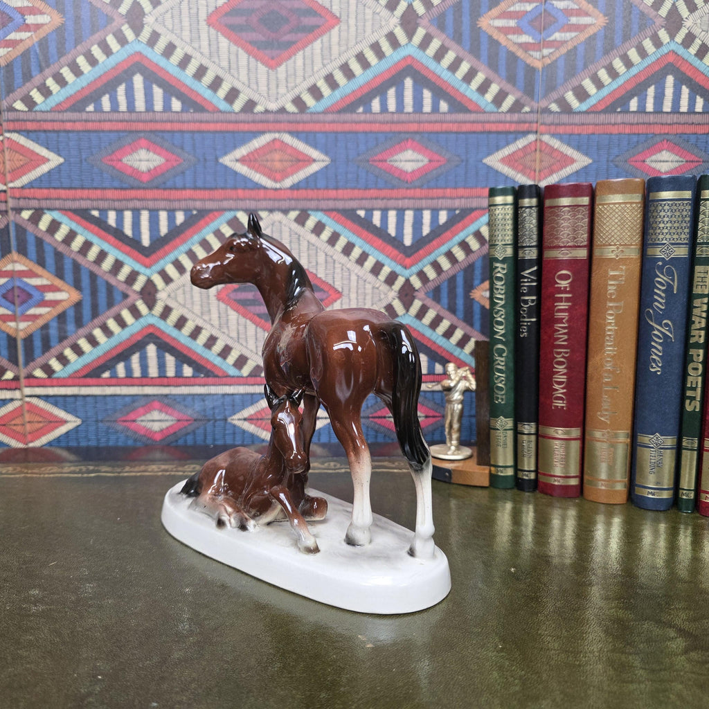 Vintage Porcelain Mare and Foal Figurine Brown Horse Family Sculpture Equestrian Decor Mid Century