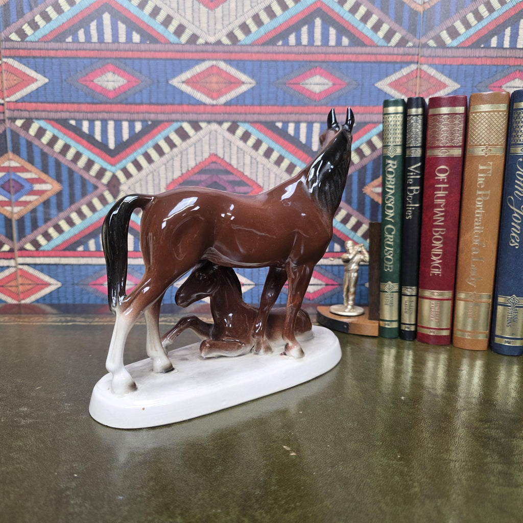 Vintage Porcelain Mare and Foal Figurine Brown Horse Family Sculpture Equestrian Decor Mid Century