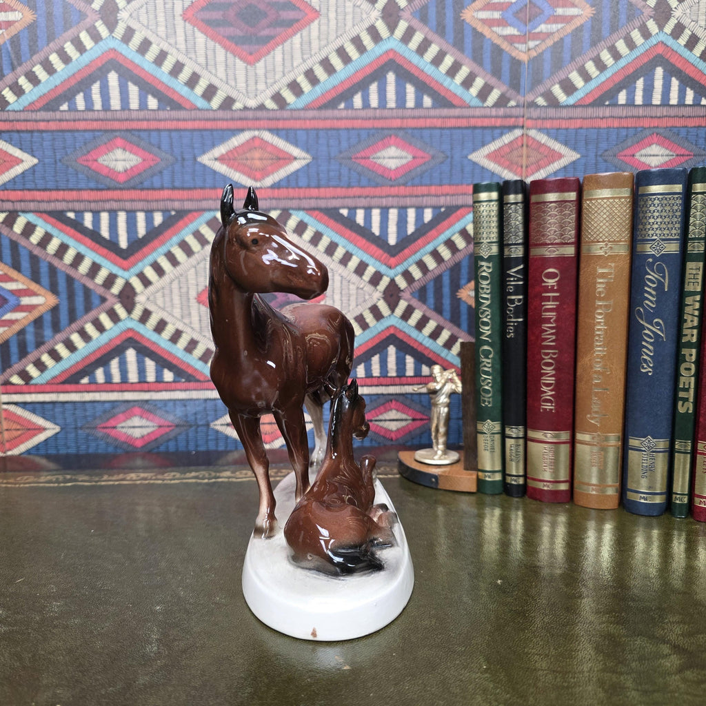 Vintage Porcelain Mare and Foal Figurine Brown Horse Family Sculpture Equestrian Decor Mid Century