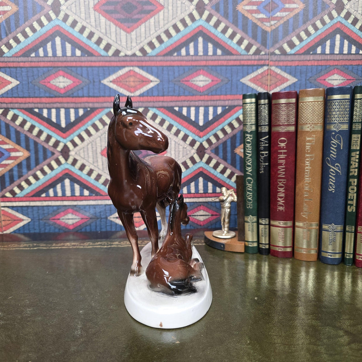 Vintage Porcelain Mare and Foal Figurine Brown Horse Family Sculpture Equestrian Decor Mid Century