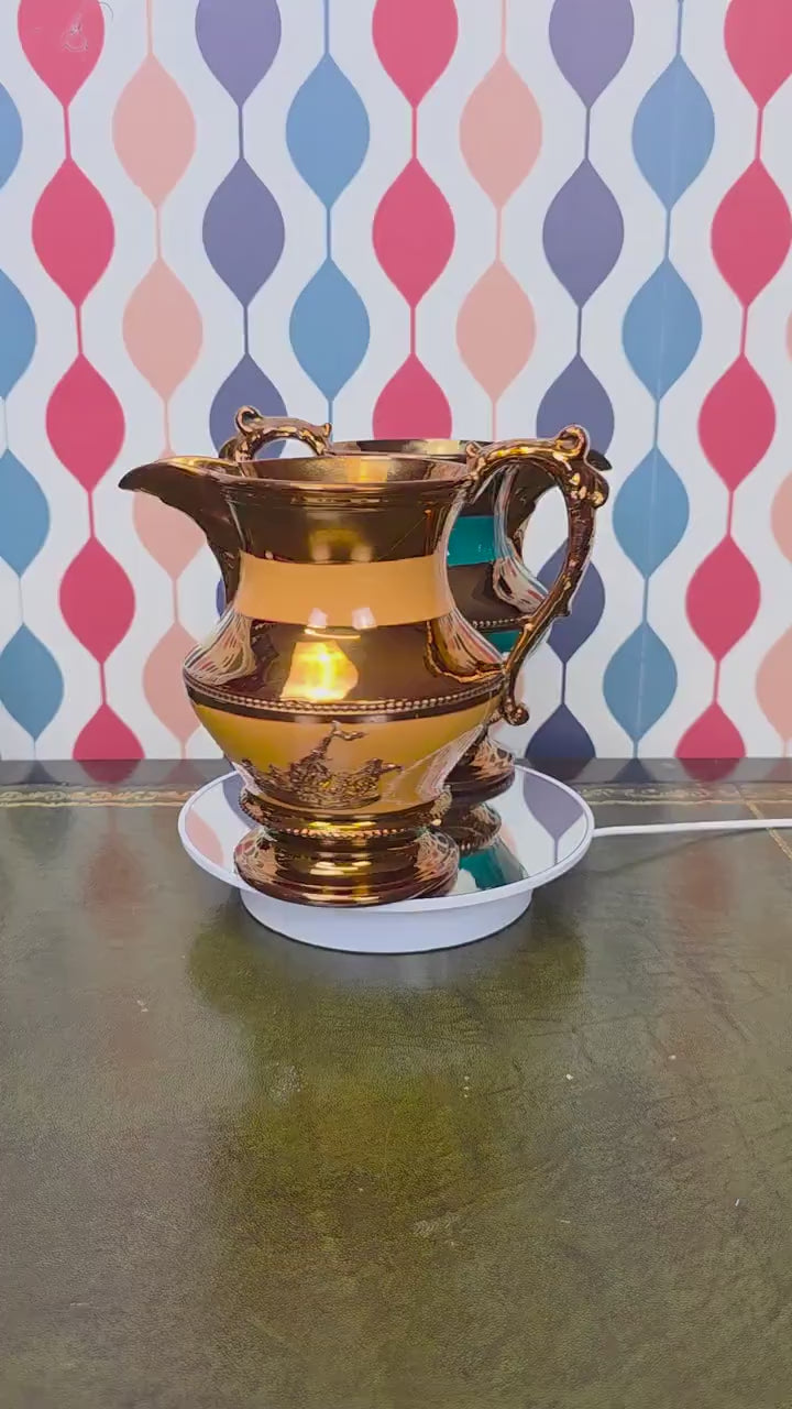 Vintage Copper Lustre Ceramic Pitcher Teal Band Relief Fruit Motif Pedestal Ewer Decorative Collectible