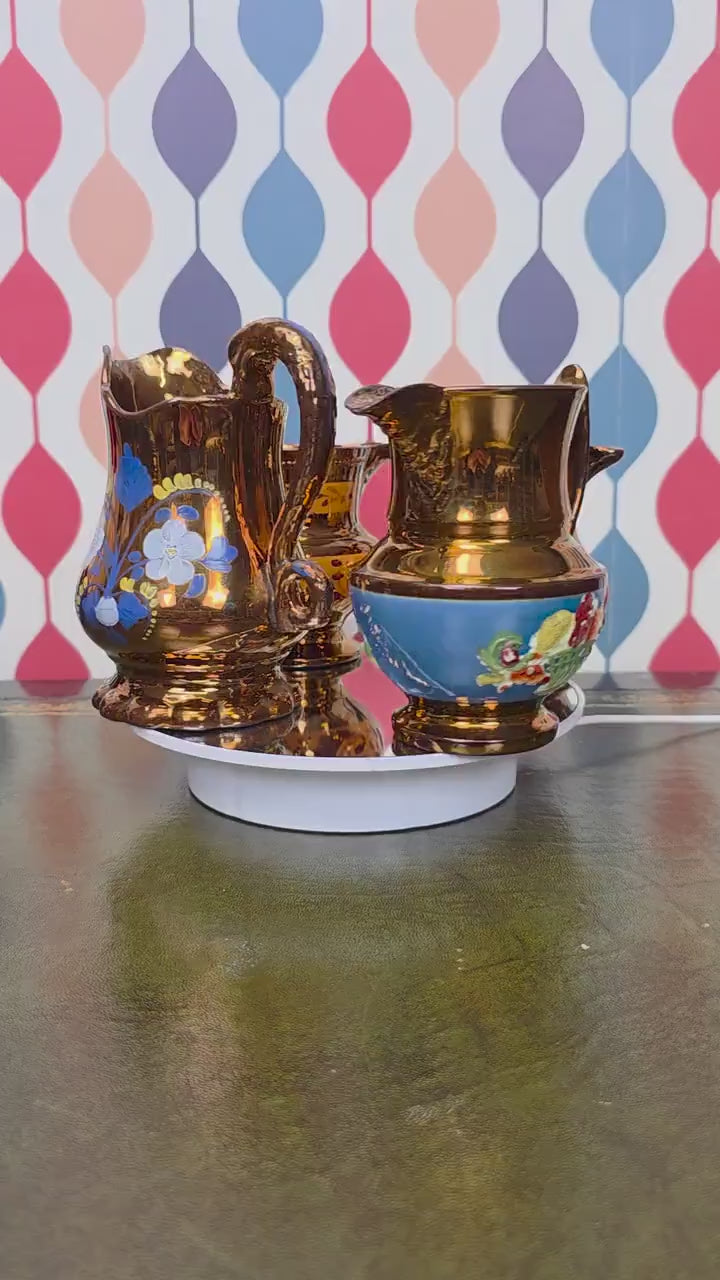 Copper Lustre Floral Pitcher Vintage Ceramic Jug Hand Painted Folk Art Cottage Decor Collectible