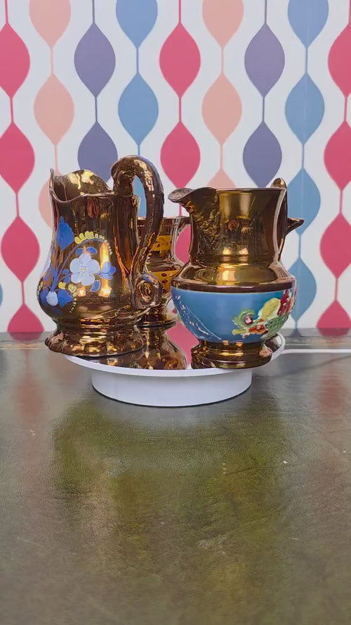 Copper Lustre Floral Pitcher Vintage Ceramic Jug Hand Painted Folk Art Cottage Decor Collectible