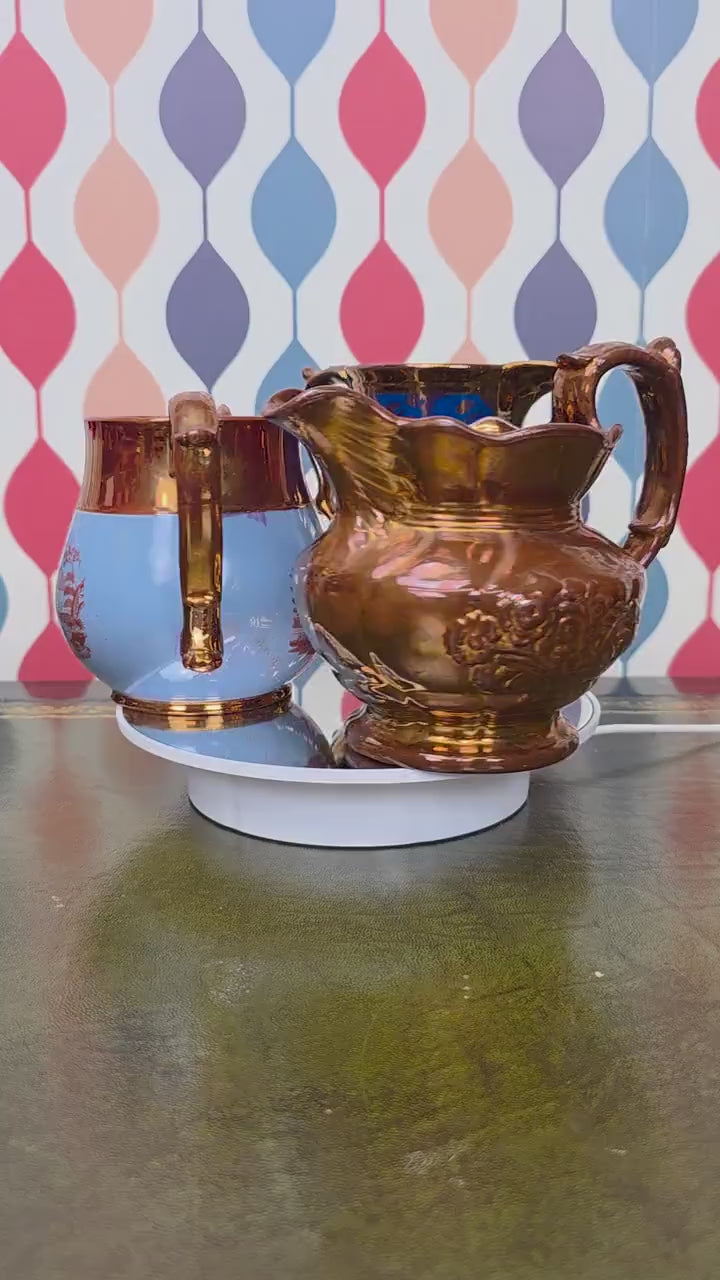 Vintage Copper Lustre Pitcher Embossed Floral Ceramic Jug Antique Style Decorative Collectible Rustic Farmhouse